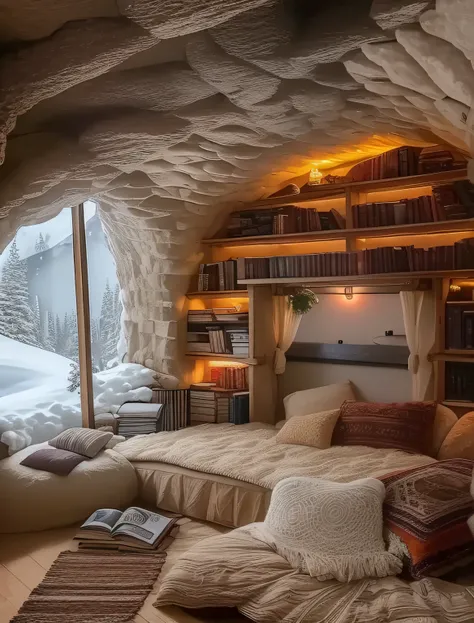 Room with bookshelves and a large bed, book cave, cozy place, cozy room, snow cave, comfortable environment, Hobbit hole interior, Reading Corner, in his hobbit home, cozy atmosphere, Comfortable and beautiful, Small library, comfortable environment, insid...