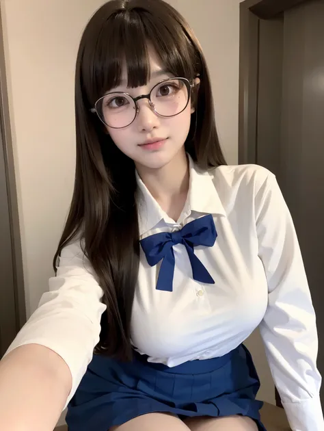 Best-Quality, Masterpiece, Ultra-High-Resolution, (Photorealistic:1.4), Raw-Photo, Hyper-Detailed, 1girl, Japanese famous idol, 14-years-old, wearing Round Glasses, wearing Japanese high school uniform, cowboy shot, laughing out loud, (extremely cute face ...