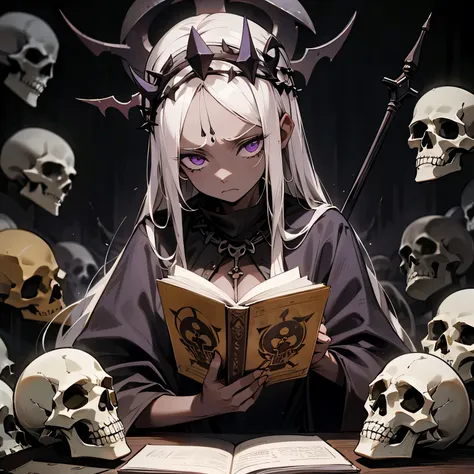 close_up, female god of death and the underworld, dark grey brown skin, gray skin, white hair, dark skin, purple eyes, dark grey...