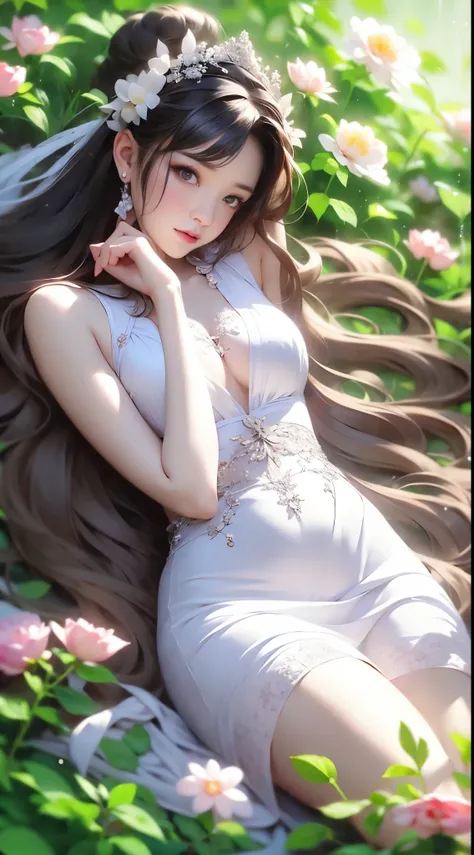 1 girl, full body photo, black hair, flowing hair, hazy beauty, extremely beautiful facial features, white embroidered dress, hairpins on her head, lying in a flower bush, hand dragging chin, perfect hand, white flower, (spring, rainy day, terraces, mounta...