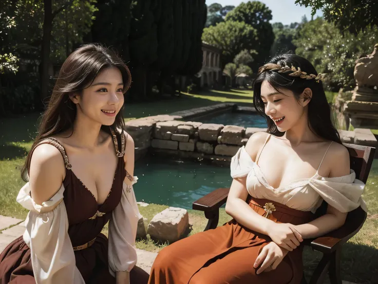 Ancient Roman ruins、Poussin-style landscape、smile、、Sweet and enchanting appearance、Caravaggios paintings、Caravaggio&#39;s chiaroscuro、hair tousled by the wind、two women having fun、キュートなsmile、expression of ecstasy、sexy、erotic 