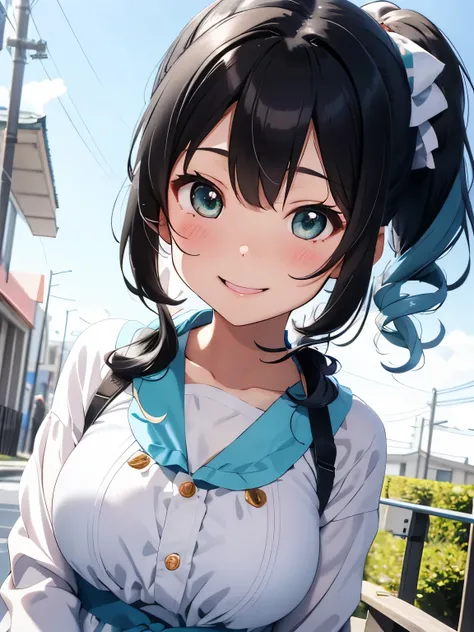 Soft and gentle pattern。anime illustration。Her hair is light blue and has curls.、side ponytail、Big striped ribbon hair clip at the knot。The hair in the ponytail is permed and fluffy.。Girl with green eyes。her face is cute、Confident smile。Appearance of about...