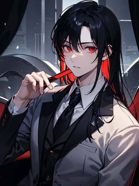 Gorgeous dark atmosphere, Man with red eyes and long black hair in suit，There is a long black bang in the middle of the face，1man，Masculinity