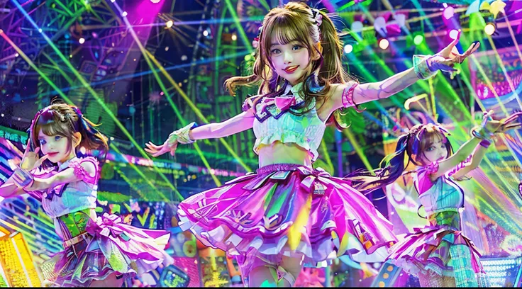 Girl in a short skirt dancing on stage under bright lights, Idol Master, Hololive, high detailed official artwork, official artwork, marin kitagawa fanart,  style, cute girl visual, official art, splash art, sayori, Happy!!!, !!beautiful!!, Nightcore,smile...