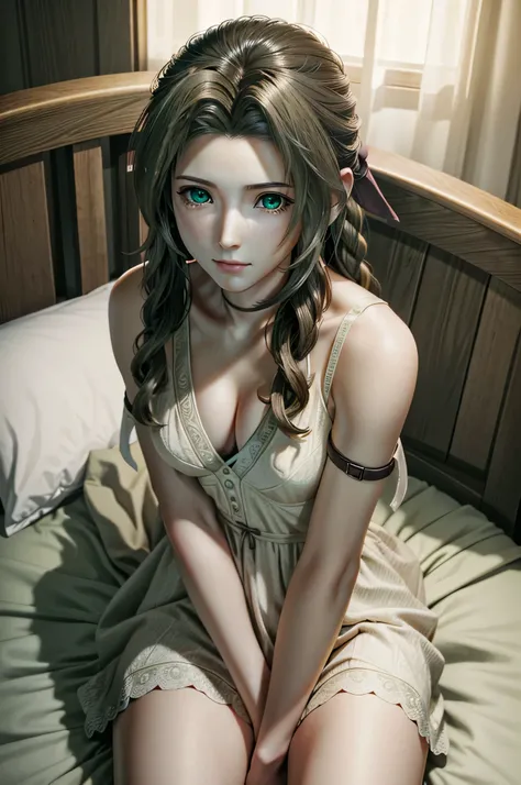 ((ultra detailed, masterpiece, best quality)) FF7Aerith, 1girl, solo, single braid, green eyes, brown hair, sit on bed
