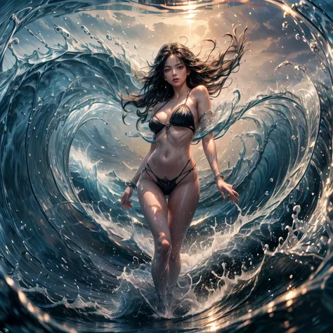 Best quality,masterpiece,ultra high res,,yushuishu,1girl,solo,black hair,water,waves,lips,full body,slash water.,The normal hand.,