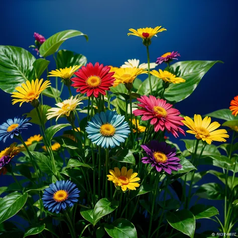 Create a flat, colorful image featuring a variety of flowers in vibrant, attractive colors. The image should be cheerful and full of energy, with clearly defined, detailed flowers of various sizes and shapes. The flowers should be evenly distributed, creat...