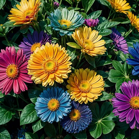 Create a flat, colorful image featuring a variety of flowers in vibrant, attractive colors. The image should be cheerful and full of energy, with clearly defined, detailed flowers of various sizes and shapes. The flowers should be evenly distributed, creat...
