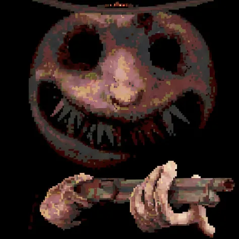 um close de uma pessoa segurando uma arma com uma carinha sorridente, sorriso destruidor, pulo de susto, best pulo de susto scene, videogame de terror, cursed image, deus distorcido sem rosto, sorriso inquietante, arte detalhada em pixels, Yume Nikki, Pulo...