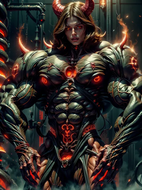 (naked:1.25), sexy evil naked demonic succubus, muscular skinless anatomy, demon horns, demonic tech muscular bodysuit, an evil ...