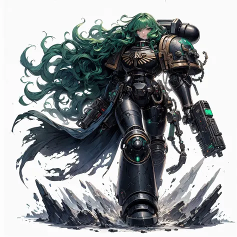 
Masterpiece, best quality, ultra-detailed, anime style, solo, full body of space marine girl, Black power armor, green curled hair, cybernetic limb, steel hand, standing on battle ground, Warhammer 40K, 8k high resolution, trending art station, white back...