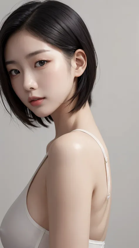 natural skin,(close-up:1.0) photo of as (young:1.0) woman, (oiled skin:1.0), (tilted angle shot:1.0), (slick undercut hair:1.2), (8k uhd:1.0), (best quality:1.0), (masterpiece:1.0), (sharp focus:1.0), (basic grey backdrop:1.0), ,露出乳房，露出胸部，露出乳房，巨大的乳房，巨大的胸部，...