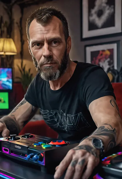 (((highly detailed, best quality)), ((4k, UHD, HDR, photorealistic, highres)), at night), a man, Jack, 43 Years of Age with black t-shirt, detailed room, playing console, studio, vivid colours, detailed face, detailed skin, realistic detailed , detailed bo...