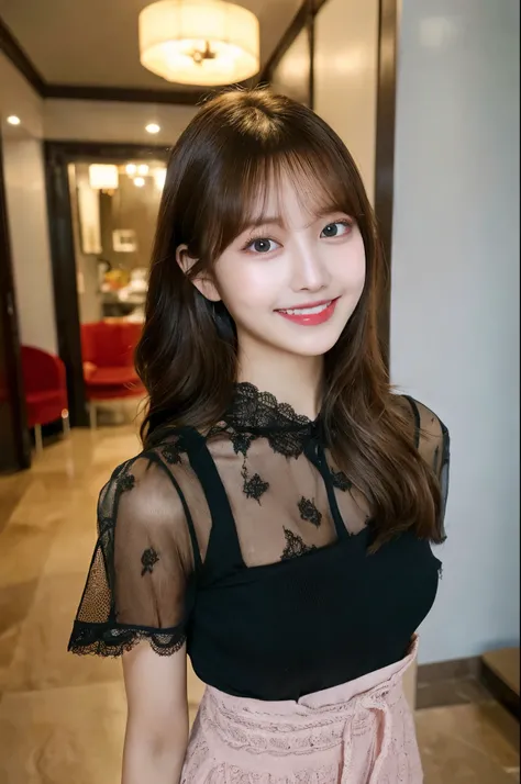 ulzzang-6500-v1.1, (RAW photo:1.2), (realistic), beautiful detailed girl, (genuine: 1.4), very detailedな目と顔, beautiful and fine eyes,  (strapless blouse, Black lace skirt, super realistic pantyhose:1.2, black choker)、 (very affectionate smile:1.3)、huge fil...