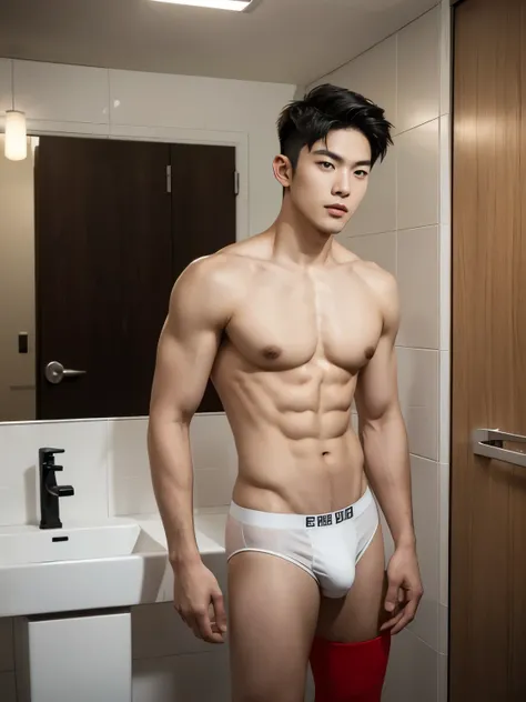 Asian male model in briefs, Full Body Shoot, two block hair, look at camera, detailed facial parts, Manly, Charmer, Active Boy, standing in bathroom, leaning against the wall, legs opened, bathroom, serious Expression, perfect anatomy, symmetric body, asia...