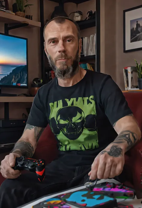 (((highly detailed, best quality)), ((4k, UHD, HDR, photorealistic, highres)), at night), a man, Jack, 43 Years of Age with black t-shirt, detailed room, playing xbox, vivid colours, detailed face, detailed skin, realistic detailed , detailed body