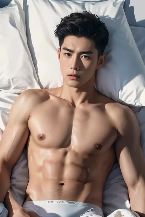 Ultra photorealistic, 20 year old, handsome male model, handsome man, asian man, shirtless, on top of the bed, white briefs, full body, expression of orgasmic, cry, cumshot, cum on chest