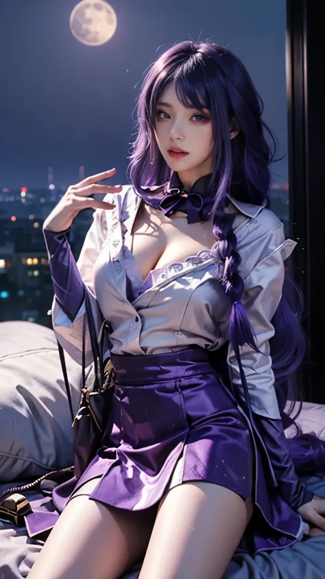 （1 woman），beauty，（best quality：1.4），（Super detailed），（Extremely detailed CG unified 8k wallpaper），Highly detailed，HD original color photos，Professional photography，Stunning face and purple eyes，purple hair，thick braid，very long hair，make up，（Stunning beaut...