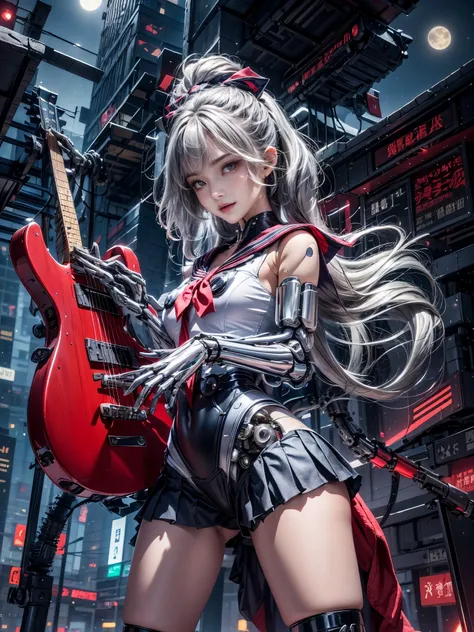 cinematic lighting,super dense skin、Beautiful quality with attention to detail,perfect anatomy,cyber punk、(dim color, pleasant color:1.3),(Detailed beautiful facial features、red eyes:1.3)(sailor suit、Black pleated skirt:1.4)(Arms and legs are mechanical:1....