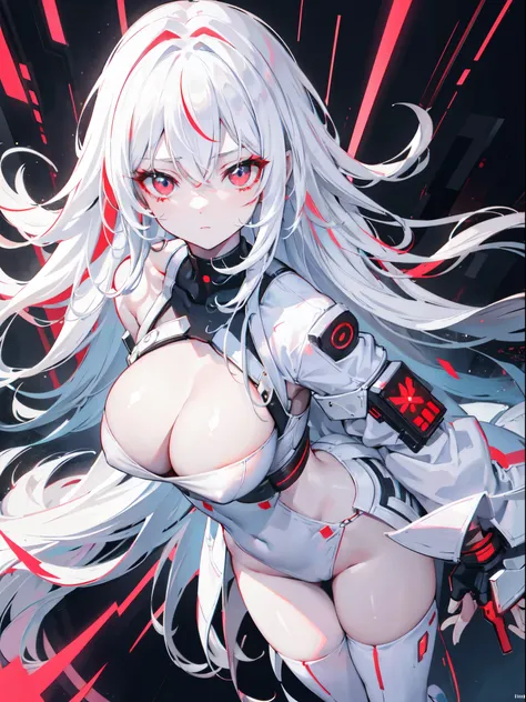 1 girl character, red eyes, white hair, long messy hair, wearing a white fashionable clothing inspired by cyberpunk clothing, white theme, half body shot, extremely detailed face, extremely detailed eyes, volumetric lighting,body complexion, big chest, 8k ...