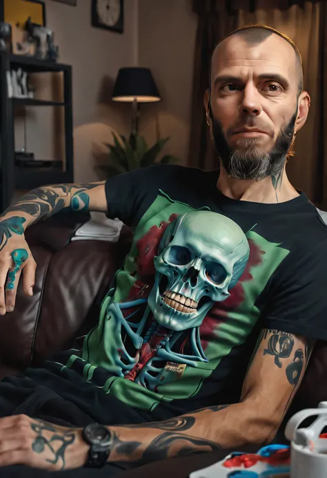 (((highly detailed, best quality)), ((4k, UHD, HDR, photorealistic, retina, ccurate, anatomically correct)), at night), a man, Jack, 43 Years of Age with black t-shirt, detailed room, playing xbox, vivid colours, detailed face, ,textured skin, detailed ski...