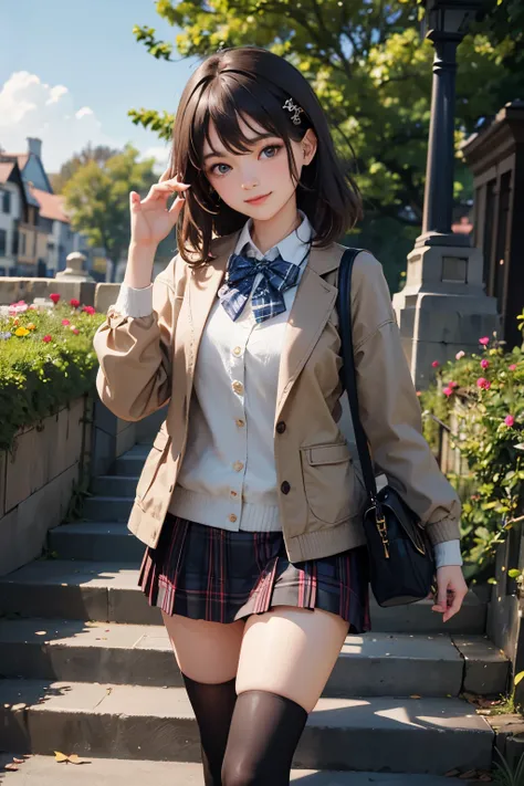 very cute and beautiful girl,(highly detailed beautiful face and eyes:1.2),(smile:1.2),happy,cowboy shot,
(brown jacket:1.2),collared shirt,plaid bowtie BREAK detailed legs,zettai ryouiki,brown shoulder bag,brown boots,
stylish pose,dynamic angle,hair orna...