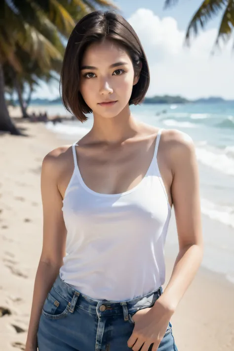 ((best quality)), ((masterpiece)), (detailed), perfect face,girl on the beach with white shirt and short jean,sexy pose,short bang hair