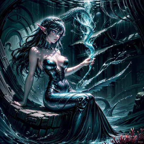 high details, best quality, 16k, [ultra detailed], masterpiece, best quality, (extremely detailed), full body, ultra wide shot, RAW, photorealistic, fantasy art, dnd art, rpg art, realistic art, an ultra wide picture of a vampiric mermaid (1.5 intricate de...