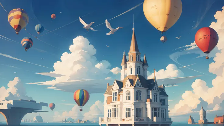 A strange floating city in the sky, House on the clouds, Hot air balloon navigation, Birds wearing hats fly by, A world where the ordinary meets the extraordinary, illustration, Digital drawing in Procreate