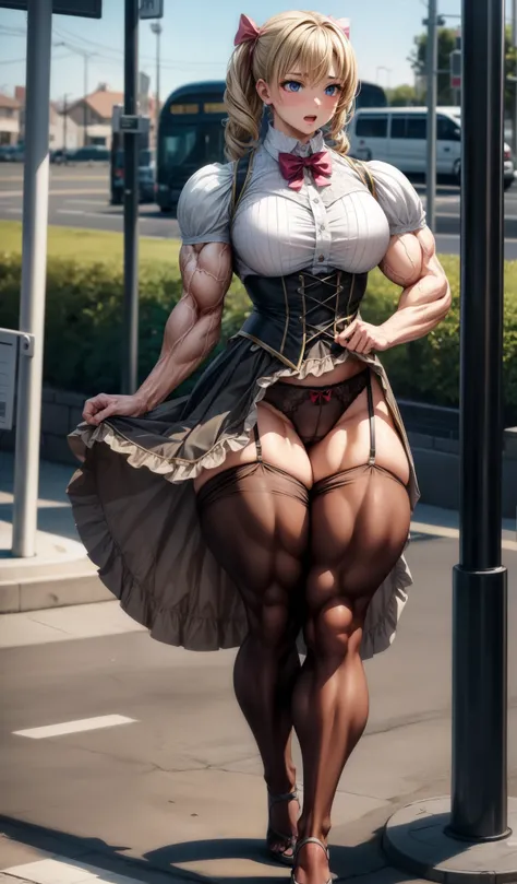 , (muscular female:1.1),Lolita fashion, skirt lift,bow panties,muscular thighs
masterpiece, best quality,  extremely detailed face, perfect lighting, extremely detailed CG,open mouth,bus stop,brown pantyhose