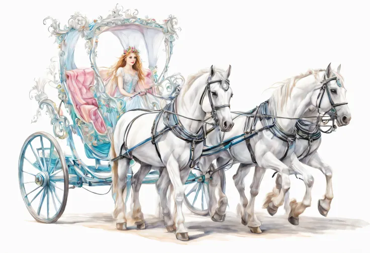 carriage on white background, white horses, harnessed to a carriage, fairy princess carriage, style of drawing with colored penc...