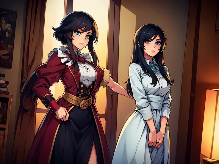 masterpiece, twain, girl, standing side by side, missimilar hairstyle, missimilar eye color, missimilar outfit,