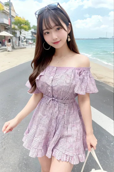 Highest image quality,highest quality,masterpiece,4k,8k,girl walking a dog,Chiho, surreal , Photographed with Sony α9, She is wearing a pink gingham plaid off-shoulder dress.,Shirahime cut hairstyle,smile,Adorable image of a bright and cute girl, Expressiv...