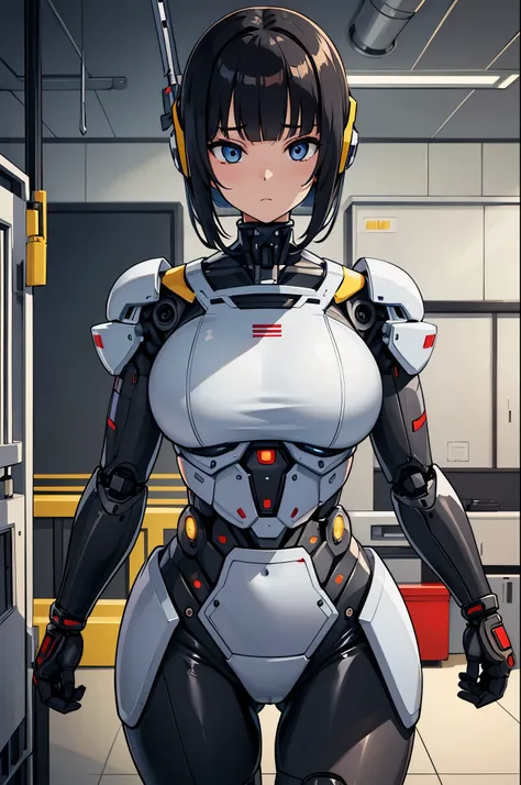 masterpiece, best quality, extremely detailed,  Japaese Cyborg girl,Plump , control panels,android,Droid,Mechanical Hand, Robot arms and legs, Black Robot Parts,Black hair,Mechanical body,Blunt bangs,White robotics parts,perfect robot girl,long tube,thick ...