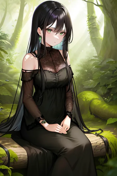 Woman, fifty years old, with long black hair that cascaded down her shoulders, and brilliant green eyes that shimmered in the dappled forest light, wore a little black dress that blended seamlessly with her surroundings. In the heart of the forest, she sat...