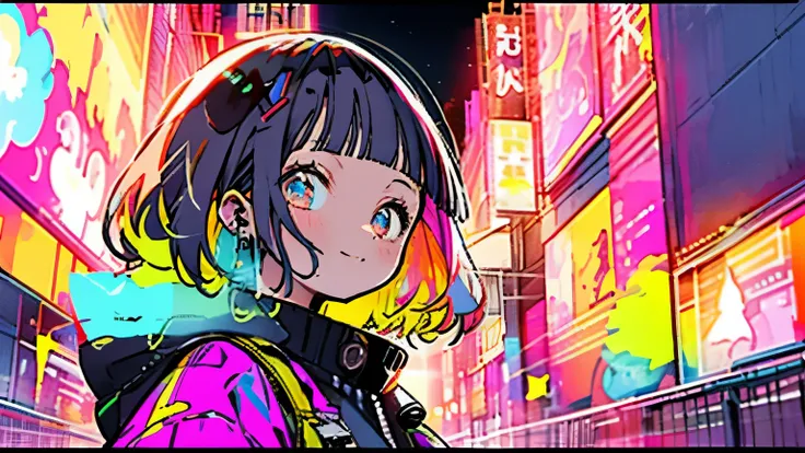 masterpiece, best quality, 1girl, city pop, night, neon light, looking at another, upper body, vector illustration, jacket, light smile, blunt bangs, long hair