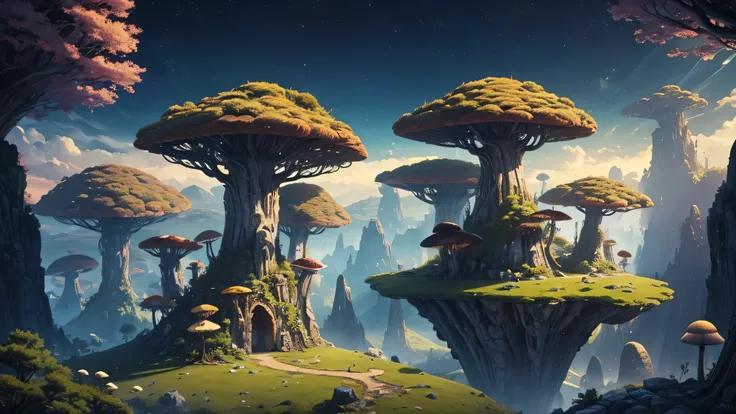 Parallax Background Alien Planet 2D Landscape With Fantasy Mushrooms Trees Or Buildings And Rocks. Extraterrestrial Nature Layered Scene For Computer Game. Cartoon 2D Illustrated Scenery View, Ui