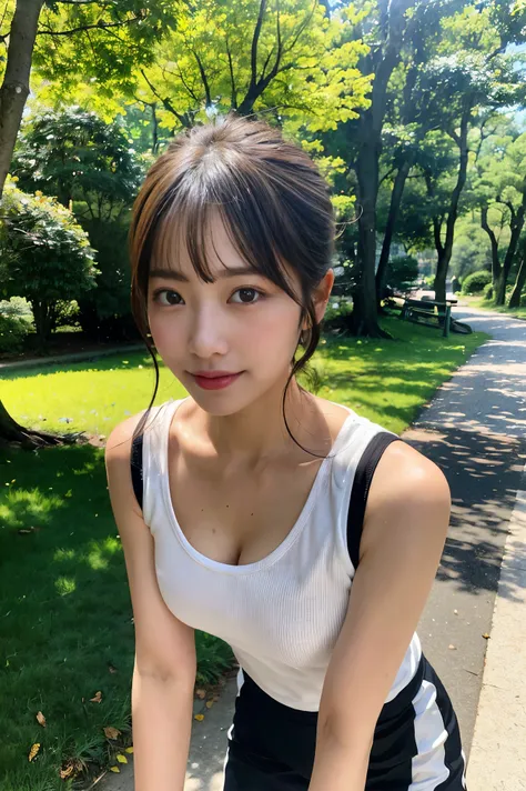 「Busty beauty taking a shortcut while running with her dog in the park, Sweat gently on slightly damp skin. Sunny Sunday morning with strong sunshine, In an orderly tree-lined path through a large forest.」