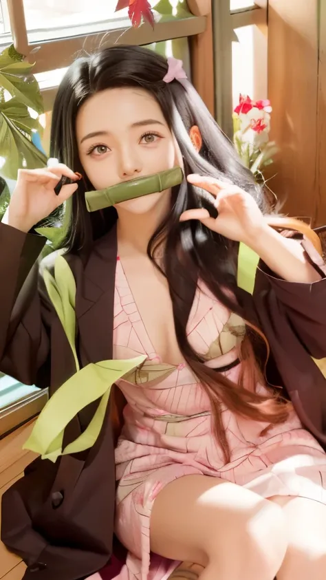 anime girl with a green tape around her mouth and mouth, nezuko-chan, nezuko, demon slayer rui fanart, kimetsu no yaiba, demon slayer artstyle, by Shingei, 🍁 cute, anime visual of a cute girl, handsome guy in demon slayer art, sakura haruno in slug sage mo...