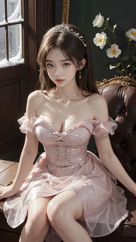 dress, 8k, best quality, masterpiece, Shoot real, hide your face happiness, Alice Gainsborough, sitting, whole body, bare shoulders, Plump breasts, cleavage, slender legs, Sexy beautiful legs, external, covered with snow, high quality, Adobe lamp room, Hig...