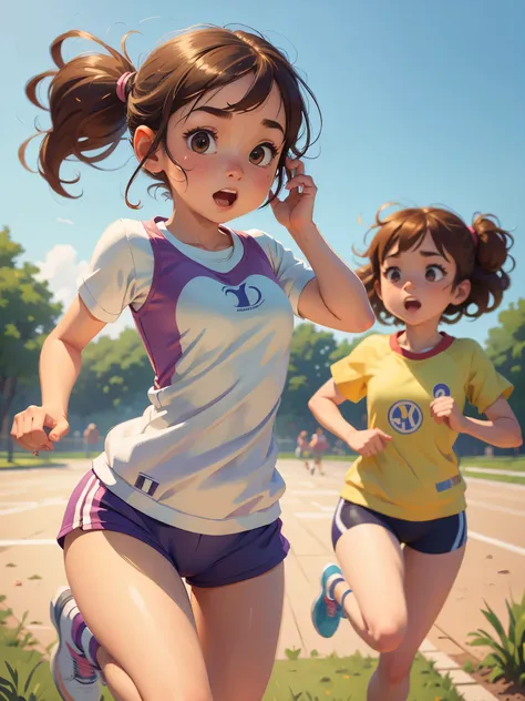 masterpiece, best quality，Illustration of a cute girl running，Pixar style, stills，simple background，Wear sportswear，perfect details，