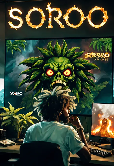 big letters spelling the word SORO,anime style, a dude playing a mmorpg on pc desk with screen showing the game runing in 32k, highly detailed , he smoking a huge weed joint the room is full of smoke ,demons in the backgroung hunting the gamer with creepy ...