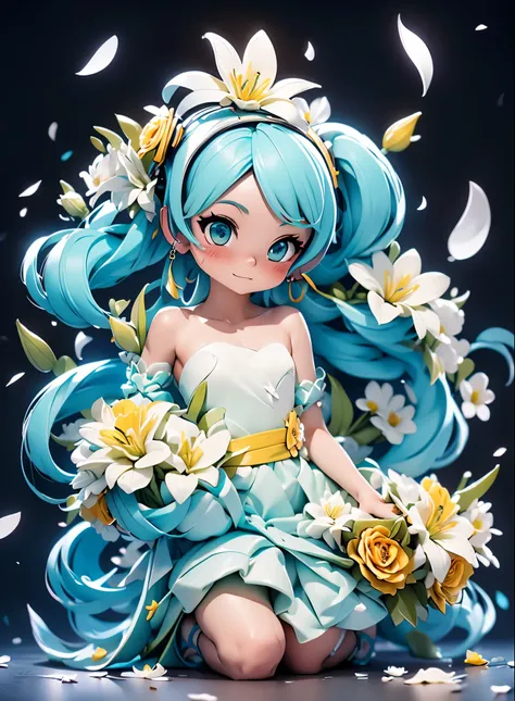 hatsune miku blue hair , Kagamine Rin yellow hair , White Wedding Dresses, long hair, flower hairpin, wedding bouquet wrapped in white paper, hand caressed hair, The effect of falling white petals, lily, big,