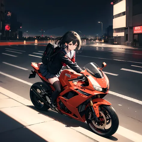 masterpiece, best quality, 1 girl, alone, jacket, Uniforms, Sefuku, Raise your legs high, Wear gloves, Wearing a backpack, black hair, black eyes, cyberpunk, street, mechanical, motorcycle, motorcycle, panoramic, helmet on, speed line, depth of field, moti...