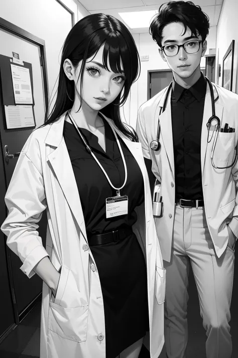 Handsome doctor and female nurse in black and white
