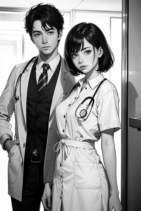 Handsome doctor and female nurse in black and white
