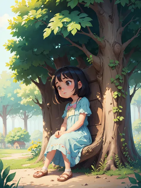 masterpiece, best quality，Illustration of a cute girl sitting under a tree to enjoy the shade，Pixar style, stills，simple background，Wearing a beautiful long dress，perfect details，