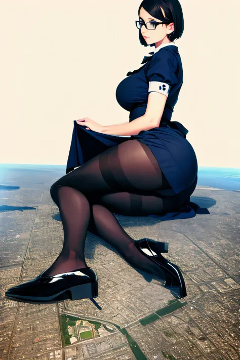 Giantの芸術, 非常に詳細なGiantショット, Giant, short hair, A maid that is much bigger than a skyscraper, wearing rimless glasses, big breasts, big ass, navy maid uniform, black pantyhose, black shoes, very small metropolis, miniature metropolis, crush the big city, A c...