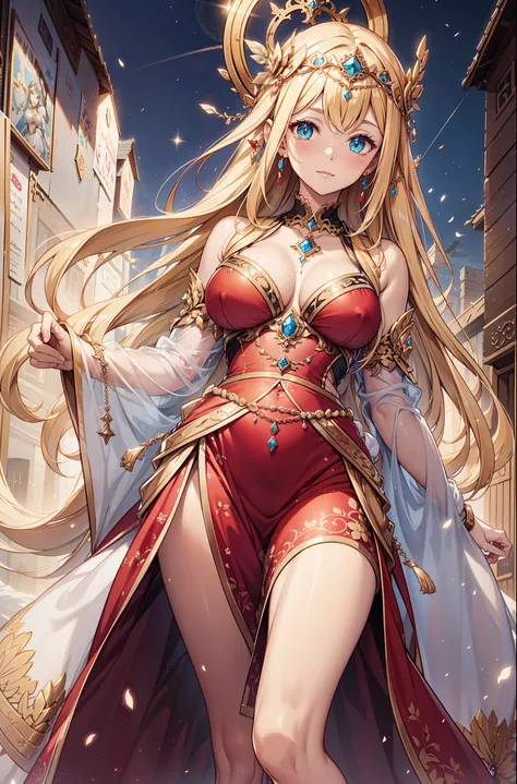 {{{{masterpiece}}}}， {{{Super detailed}}}， {{{high definition}}}， {{good anatomy}}， （（（best quality）））， （（Very delicate and beautiful））， {{Very detailed and refined}}， {8k CG wallpaper}， {{Enlightenment}}， (sacred goddess dress:1.2)，blond，Exquisite and bea...