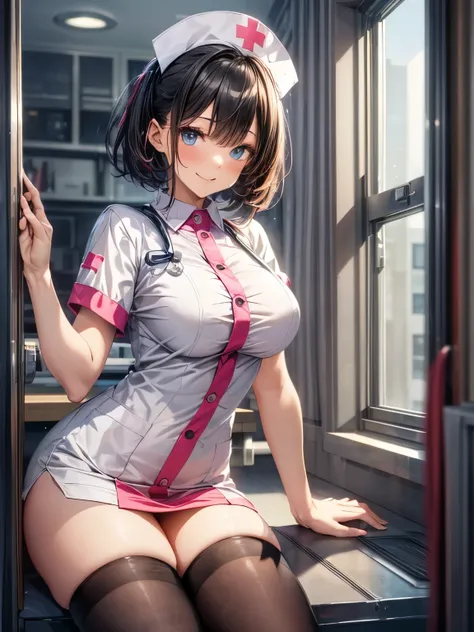 highest quality、complete limbs、full finger、black haired woman、Very Shorthair Woman、Beauty busty woman:1.3、((A woman wearing a pink nurse costume))、mini skirt、big smile、woman wearing black tights、A woman wearing a nurse&#39;s hat、hospital、hospital room、sexy...